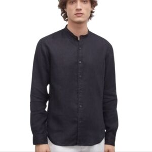 Club Monaco 100% Linen Slim Fit Band Collar Shirt Black Men's Size Large